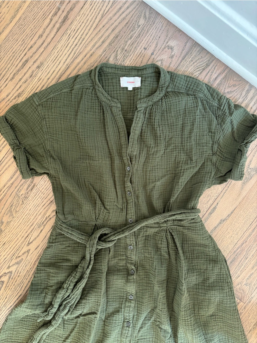 Xirena olive Green Button-Front cotton Gauze midi dress with Waist Tie